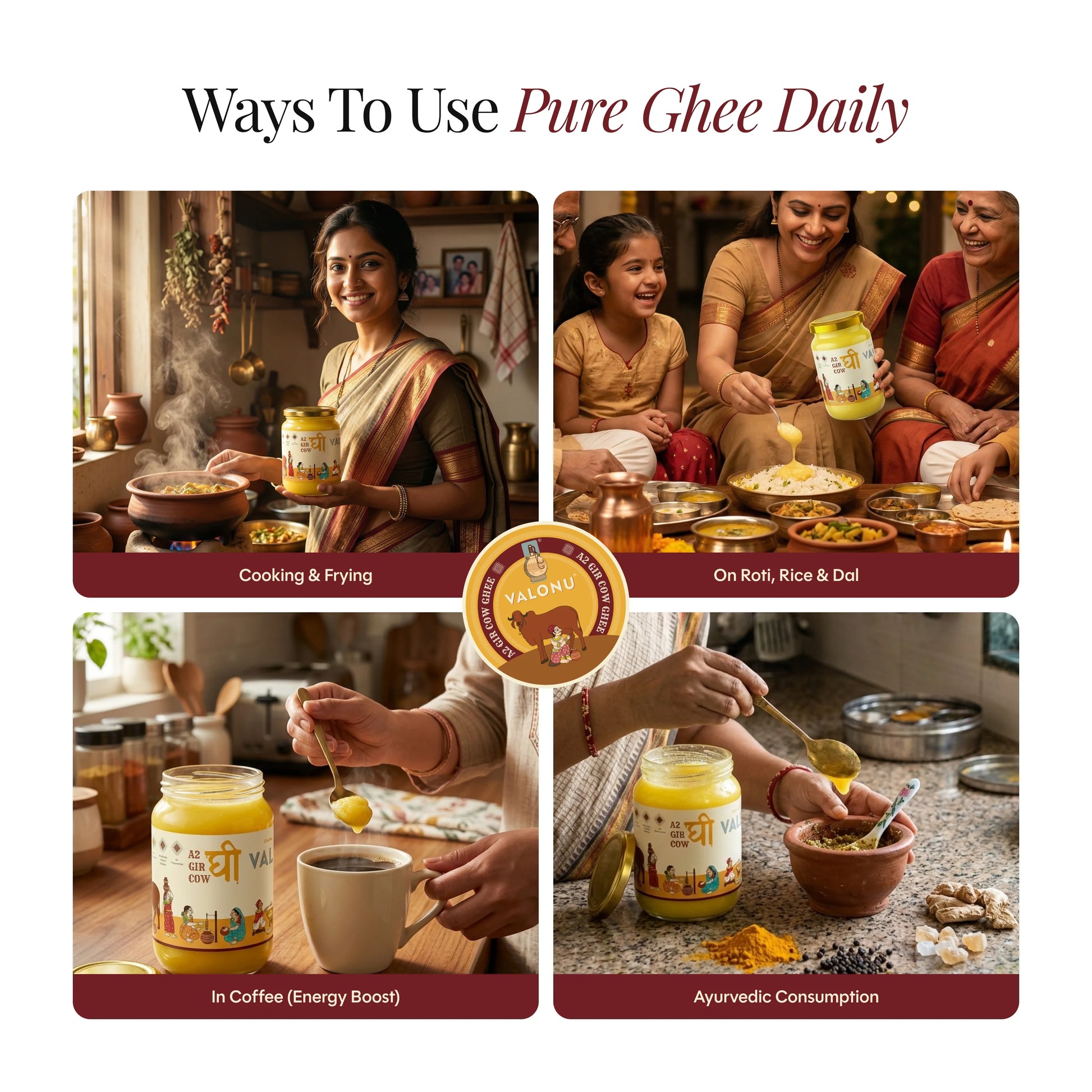 Promotional graphic showing ways to use pure ghee daily with images of people cooking and consuming it.